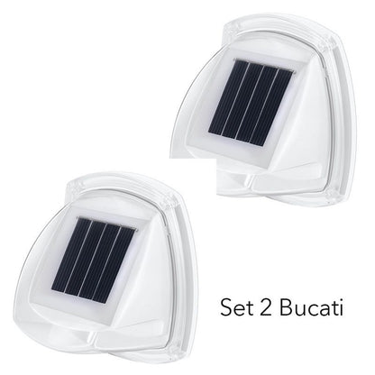 Lampa Solara LED pentru Gradina, Klevo, Set 2 Bucati, Tip Aplica pe Perete, 8.5 x 9 cm, 2V, ABS, 600mAh, Rezistent la apa, 8 LED-uri Alb Calda, Alb
