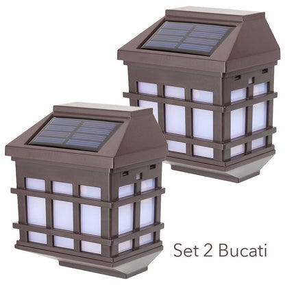 Lampa solara LED tip Felinar pentru perete, Klevo, Set 2 Bucati, 11.5 x 8.3cm, 1.2V, ABS, 400mAh, Lumina Alb Cald, Maro