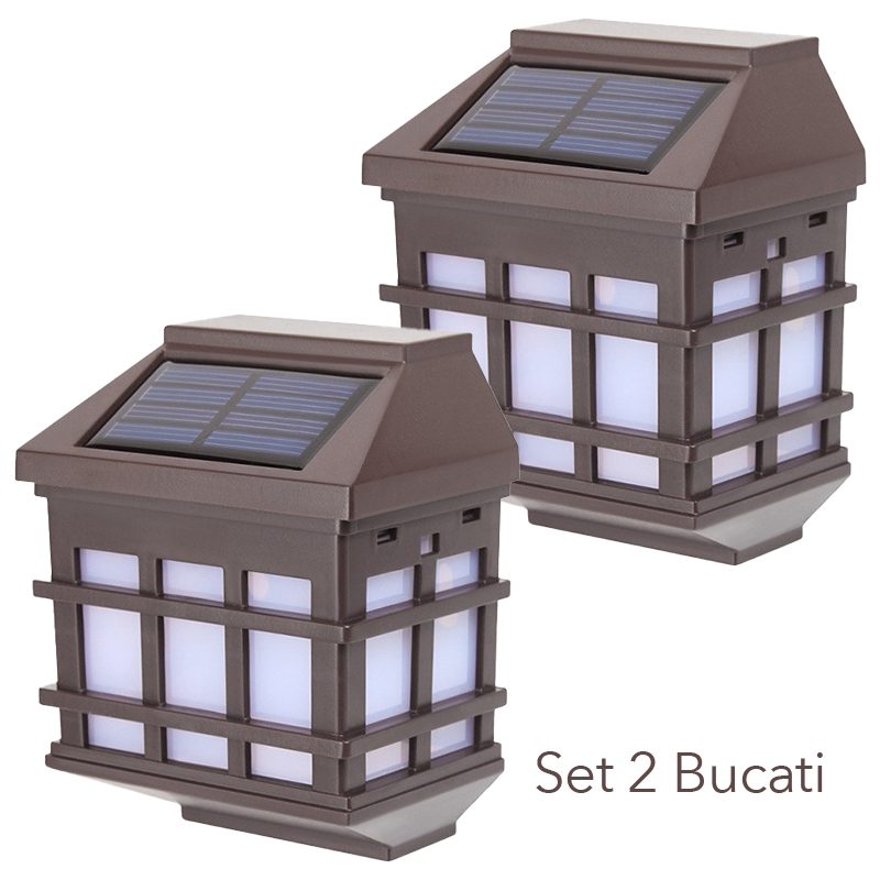 Lampa solara LED tip Felinar pentru perete, Klevo, Set 2 Bucati, 11.5 x 8.3cm, 1.2V, ABS, 400mAh, Lumina Alb Rece, Maro