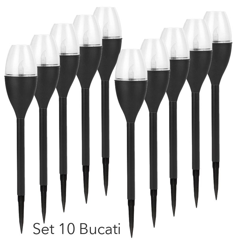 Lampa solara LED pentru gradina, Klevo, Set 10 Bucati, Tip Pahar de Vin, Inaltime 37.5 cm, efect de flacara, PVC si ABS, 2V, 200mAh, Lumina Alb Cald, Negru