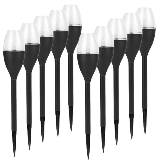 Lampa solara LED pentru gradina, Klevo, Set 10 Bucati, Tip Pahar de Vin, Inaltime 37.5 cm, efect de flacara, PVC si ABS, 2V, 200mAh, Lumina Alb Rece, Negru