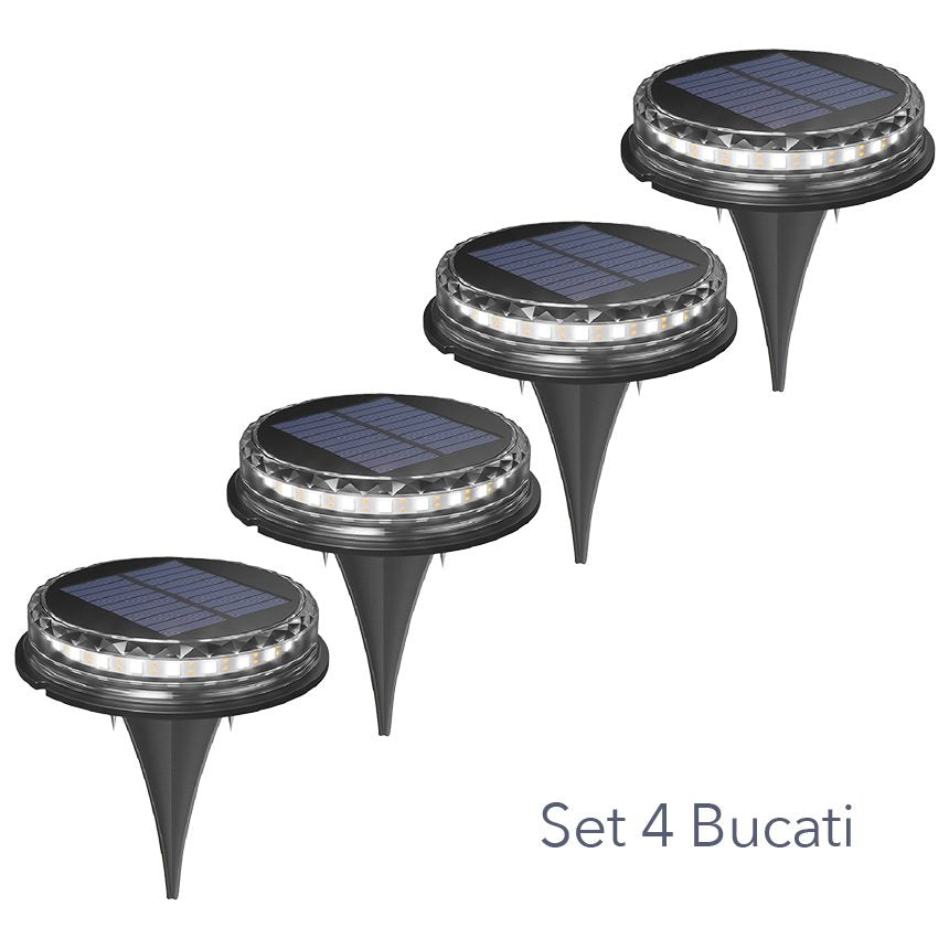 Lampa solara LED Set 4 Bucati, Klevo, Tip Spot pentru Gradina, 8 LED-uri, ABS si Policarbonat, Baterie 1.2V, 600mah, 12 x 13.5 cm, Lumina Alba Rece, Negru/Auriu