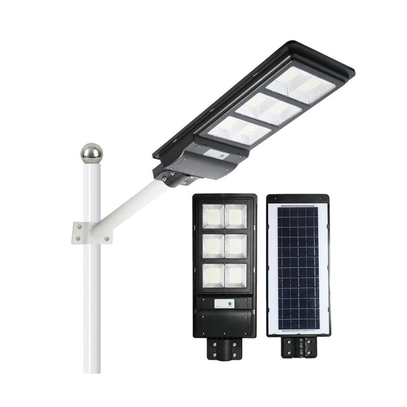 Lampa solara stradala Klevo, cu telecomanda, senzor de miscare si lumina, suport prindere, 135 LED-uri, IP65, ABS, 8AH, 100W, temperatura culoare 6500K, 48.5x22x6.8 cm, autonomie 10-12 ore, negru