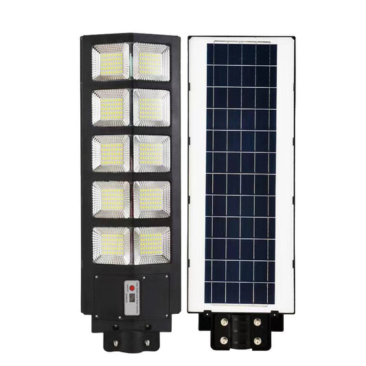Lampa solara stradala Klevo, cu telecomanda, senzor de miscare si lumina, suport prindere, 225 LED-uri, IP65, ABS, 15AH, 300W, temperatura culoare 6500K, 69.5x24.3x6.8 cm, autonomie 10-12 ore, negru