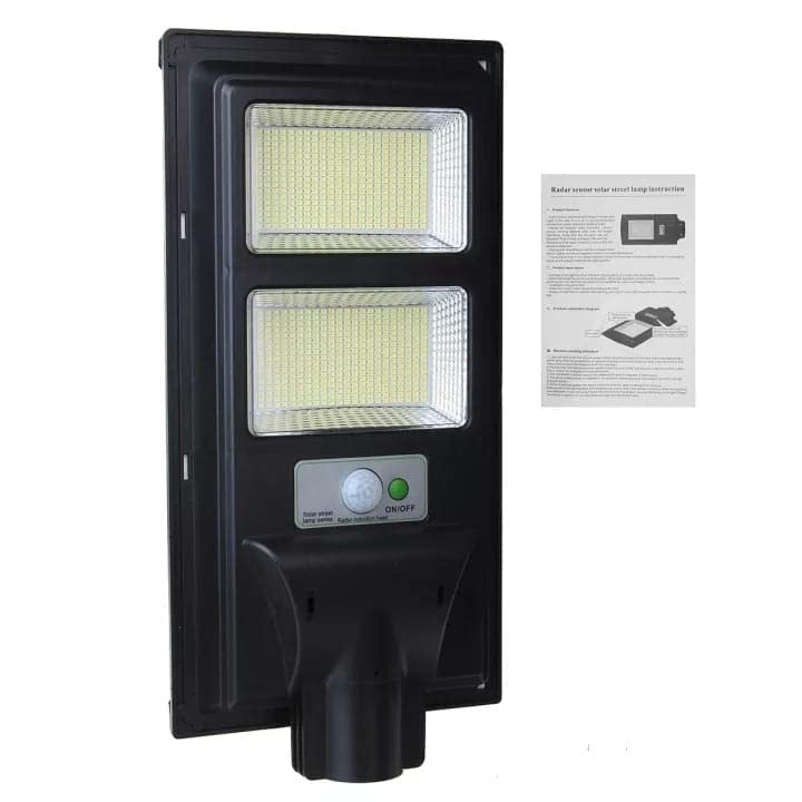 Lampa solara stradala Klevo, senzor de miscare si lumina, 96 LED-uri, IP65, ABS, 5AH, 100W, temperatura culoare 6500K, 37.8x18.8x5 cm, autonomie 10-12 ore, negru