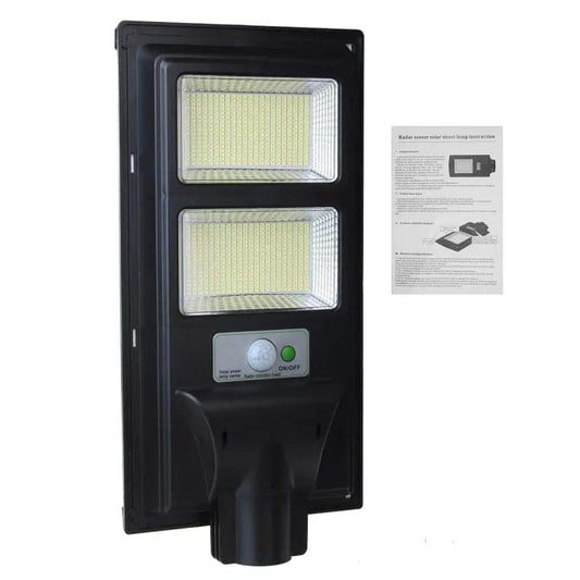 Lampa solara stradala Klevo, senzor de miscare si lumina, 96 LED-uri, IP65, ABS, 5AH, 100W, temperatura culoare 6500K, 37.8x18.8x5 cm, autonomie 10-12 ore, negru