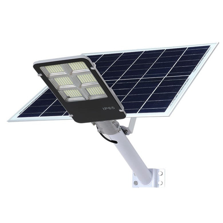 Lampa solara stradala Klevo, IP65, senzor de lumina, 417 LED-uri SMD, 24000 lm, 300W, autonomie 12-16 ore, telecomanda, montare prin fixare, pentru strada sau gradina, finisaj lucios, material ABS, 49.5 x 21 x 6.5 cm, lumina alb rece