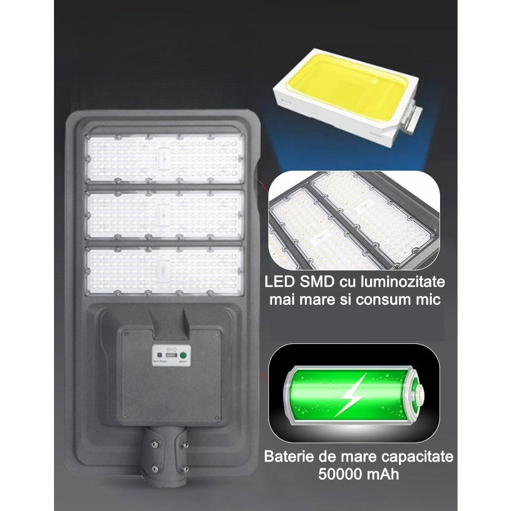 Lampa solara stradala Klevo, IP65, senzor de lumina, 510 LED-uri SMD, 5000 lm, panou 53W, putere 500W, autonomie 12-16 ore, telecomanda, montare prin fixare, pentru strada sau gradina, finisaj mat, material ABS,  91.6 x 36.5 x 8.7 cm, gri