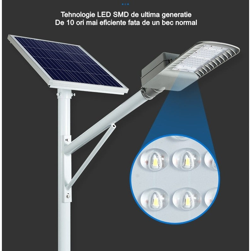 Lampa solara stradala Klevo, IP65, senzor de lumina, 60 LED-uri SMD, 2250 lm, panou 25W, putere 200W, autonomie 12-16 ore, telecomanda, montare prin fixare, pentru strada sau gradina, finisaj mat, material ABS,  51.5 x 21 x 7.5, gri