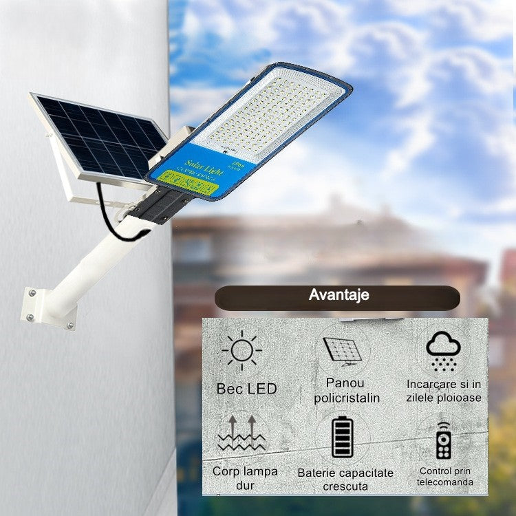 Lampa solara stradala Klevo, IP66, senzor de lumina, 240 LED-uri SMD, 3200 lm, panou 35W, putere 400W, autonomie 12-16 ore, telecomanda, montare prin fixare, pentru strada sau gradina, finisaj mat, material ABS,  49 x 21 x 5.5 cm, gri