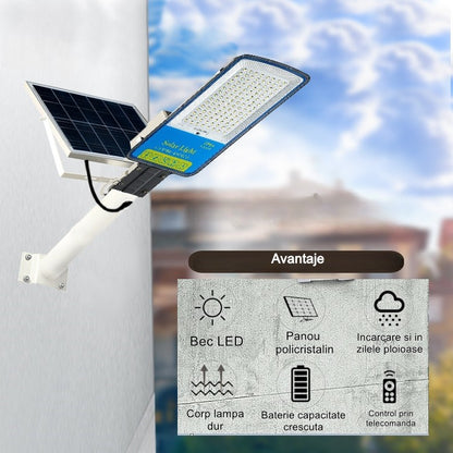 Lampa solara stradala Klevo, IP66, senzor de lumina, 240 LED-uri SMD, 3200 lm, panou 35W, putere 400W, autonomie 12-16 ore, telecomanda, montare prin fixare, pentru strada sau gradina, finisaj mat, material ABS,  49 x 21 x 5.5 cm, gri