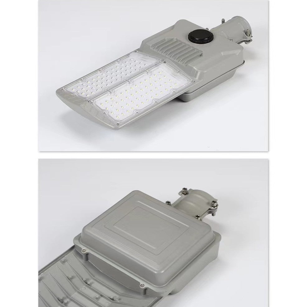 Lampa solara stradala Klevo, pentru curte sau strada, cu doua grile, finisaj mat, rezistent la apa, montare prin fixare, senzor lumina, baterie de litiu, IP65, lumina rece, putere 300W, autonomie 10 ore, 51.5 x 21 cm, gri
