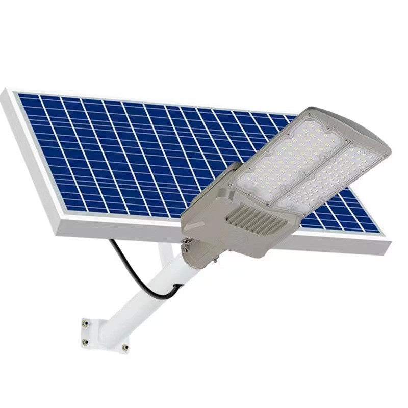 Lampa solara stradala Klevo, pentru curte sau strada, cu doua grile, finisaj mat, rezistent la apa, montare prin fixare, senzor lumina, baterie de litiu, IP65, lumina rece, putere 500W, autonomie 10 ore, 55 x 23 x 9 cm, gri