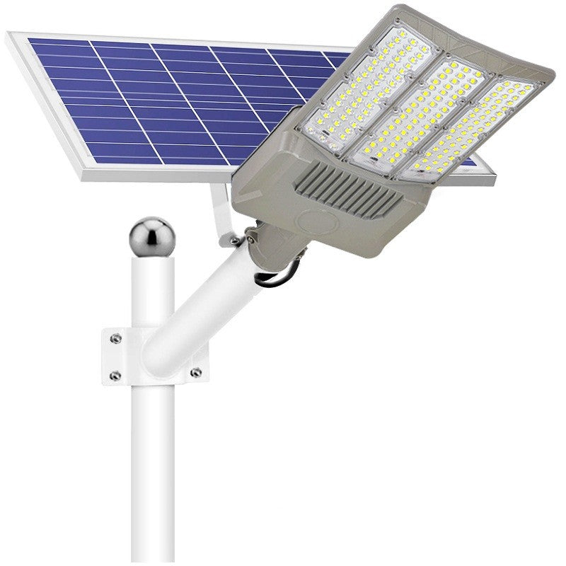 Lampa solara stradala Klevo, pentru curte sau strada, cu trei grile, finisaj mat, rezistent la apa, montare prin fixare, senzor lumina, baterie de litiu, IP65, lumina rece, putere 1000W, autonomie 10 ore, 55 x 23 x 9 cm, gri