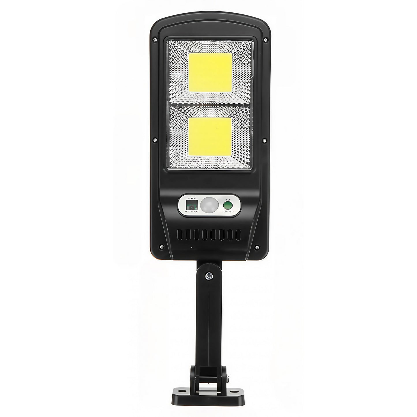 Lampă stradală solară Klevo, cu telecomandă, 36 cm x 11.5 cm, 108 COB LED, 2592 Lumeni, 21.6 W - echivalent 172 W bec incadescent, IP65, Senzor de Miscare, Senzor de Lumina, 2 Grile, Alb Rece
