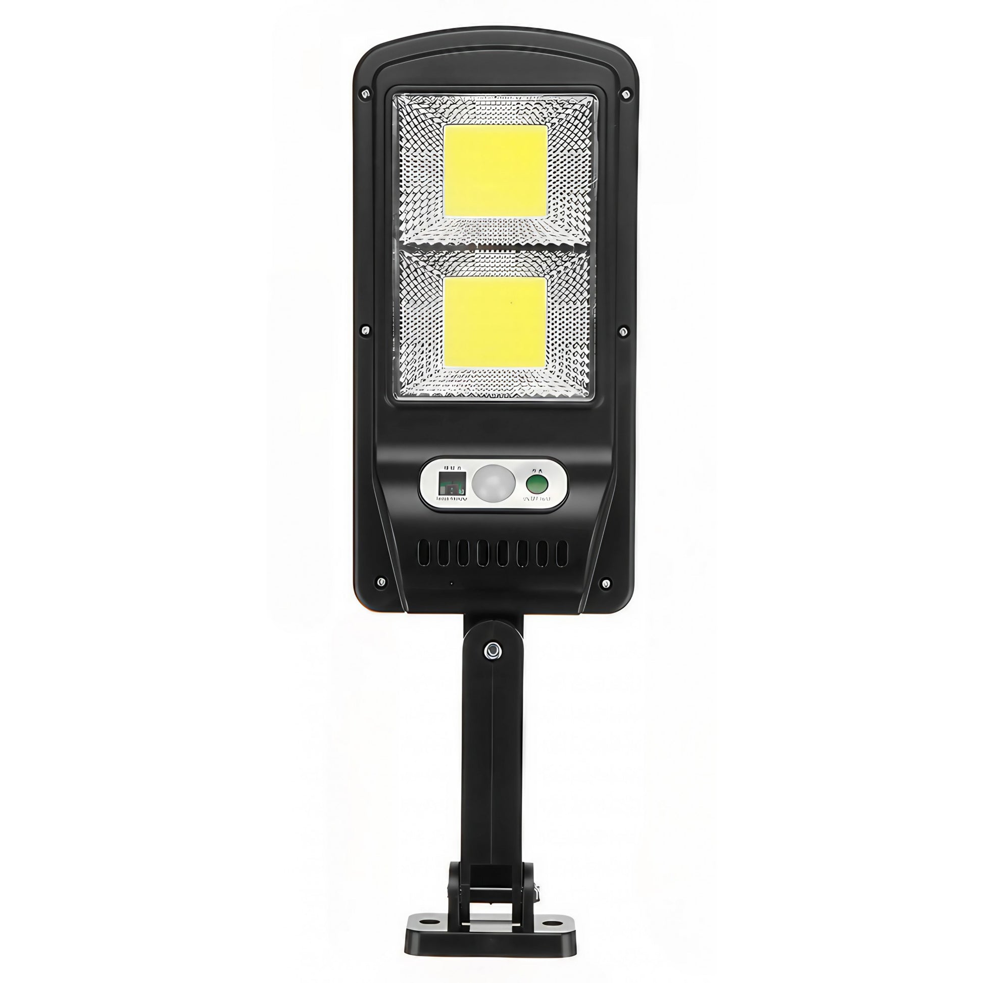Lampă stradală solară Klevo, cu telecomandă, 36 cm x 11.5 cm, 108 COB LED, 2592 Lumeni, 21.6 W - echivalent 172 W bec incadescent, IP65, Senzor de Miscare, Senzor de Lumina, 2 Grile, Alb Rece