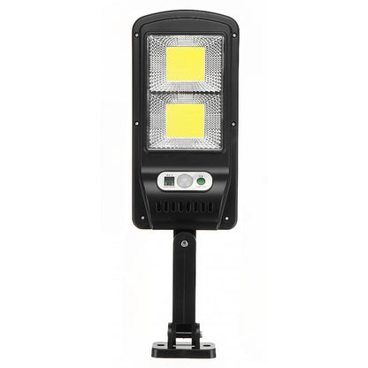 Lampă stradală solară Klevo, cu telecomandă, 36 cm x 11.5 cm, 108 COB LED, 2592 Lumeni, 21.6 W - echivalent 172 W bec incadescent, IP65, Senzor de Miscare, Senzor de Lumina, 2 Grile, Alb Rece