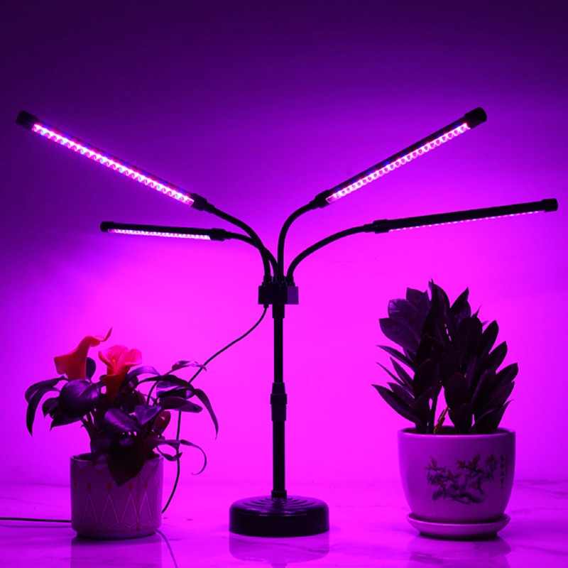Lampa UV pentru cresterea plantelor, Klevo, Alimentare cu USB, 20W, 4 capete, 96 LED-uri, 9 nivele lumina, Timer, Inaltime Ajustabila pana la 65 cm Lumina Mov