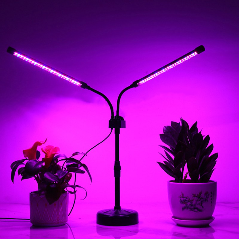 Lampa UV pentru cresterea plantelor, Klevo, Alimentare cu USB, 10W, 2 capete, 48 LED-uri, 9 nivele lumina, Timer, Inaltime Ajustabila pana la 65 cm Lumina Mov