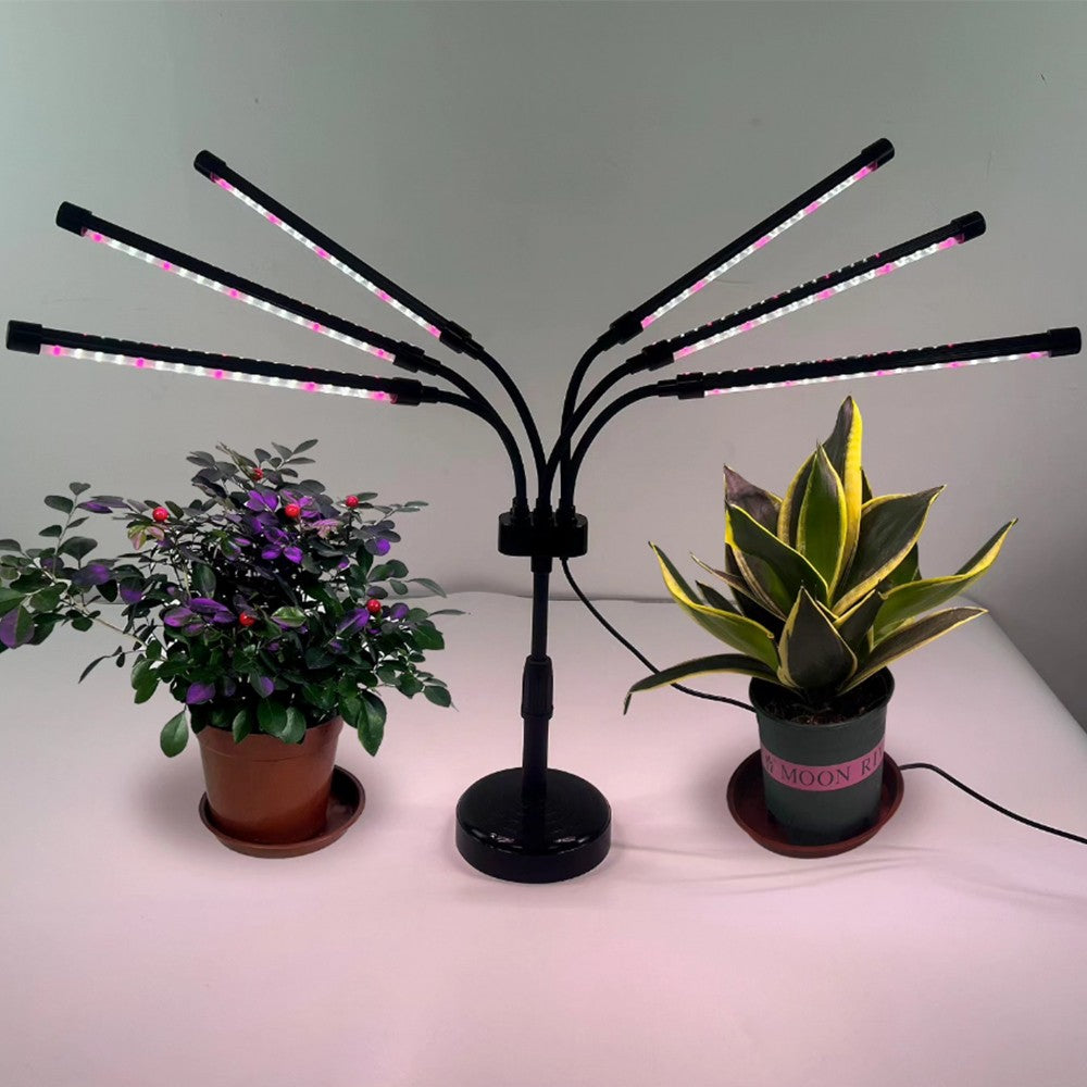 Lampa UV pentru cresterea plantelor, Klevo, conectare la retea, 30W, 6 capete, 108 LED-uri, ajustabila pana la 68.5 cm, Lumina Alb Mov