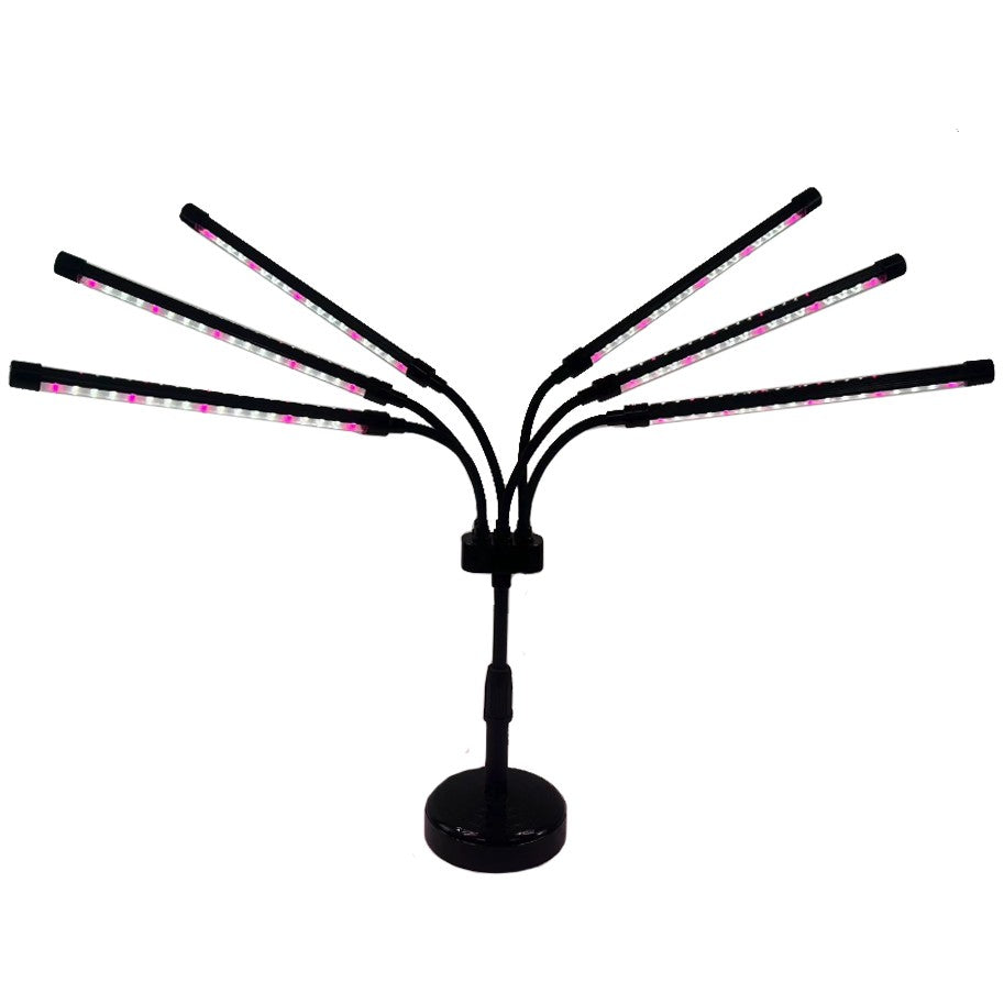 Lampa UV pentru cresterea plantelor, Klevo, conectare la retea, 30W, 6 capete, 108 LED-uri, ajustabila pana la 68.5 cm, Lumina Alb Mov