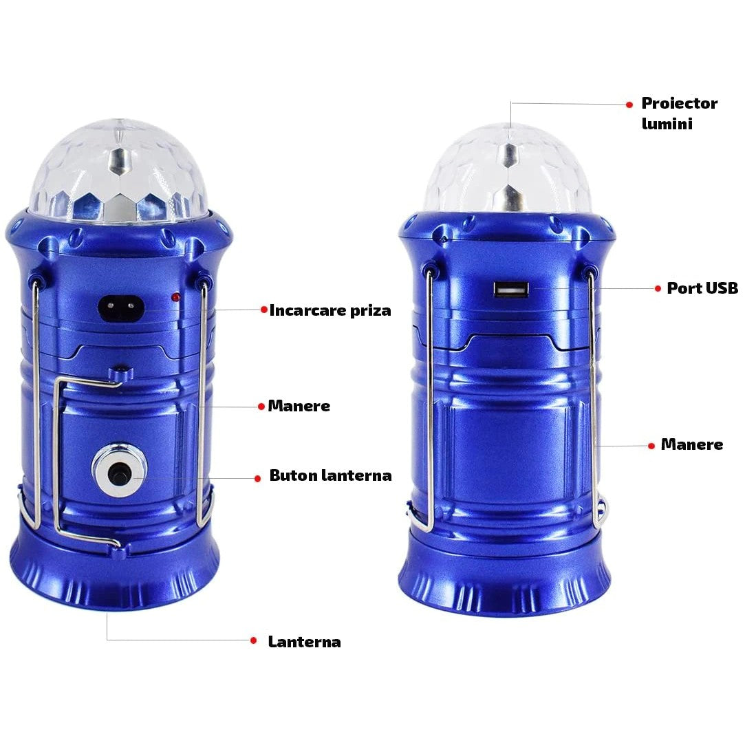Lanternă pliabilă de camping Magic cool cu ​​lampă disc și USB Klevo, Lanterna, Felinar, Acumulator 1200 mAh, reincarcabila, 6 LED + 1 W + 3C culori, Albastru