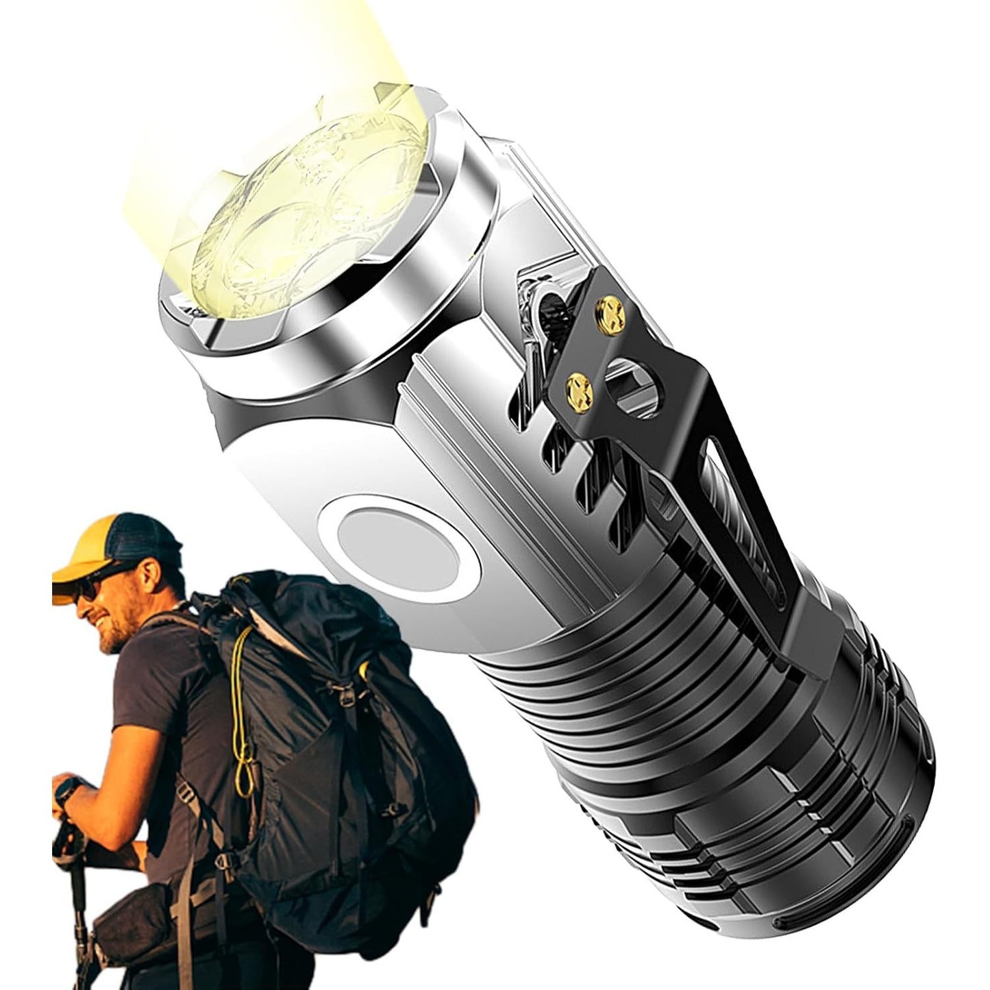 Lanterna cu 3 Nuclee Led, Klevo, Incarcare USB, Autonomie 4-20h, Raza Maxima 100-200 m, 5W, 4 x 4 x 9 cm, Suport de Agatat, Fund Magnetic, Argintiu
