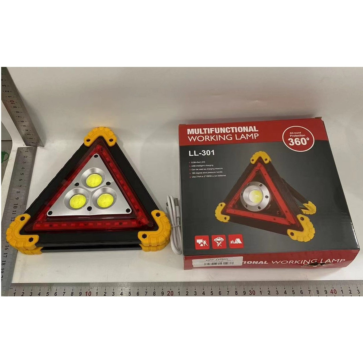 Triunghi Multifunctional de Avertizare, Klevo, Lanterna LED, Impermeabil IP65, 800 lm, 2 x AA, Functie Incarcare Telefon, USB si Micro USB, COB, Portocaliu