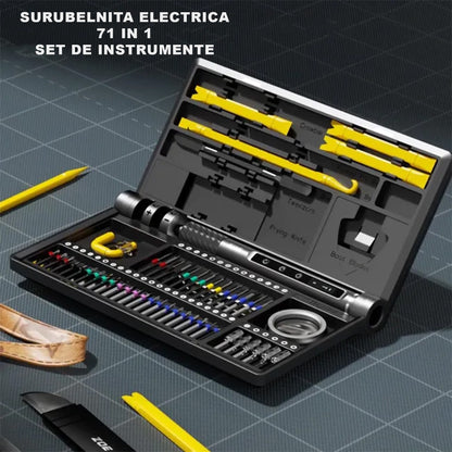 Surubelnita Profesionala Electrica, Klevo, Multifunctionala, Reancarcabila USB, Luminare LED, Kit 71 in 1, Set Complet cu Biti Torx, Phillips, Hex, Pentalobe, 21.4 x 12.4 cm, Negru