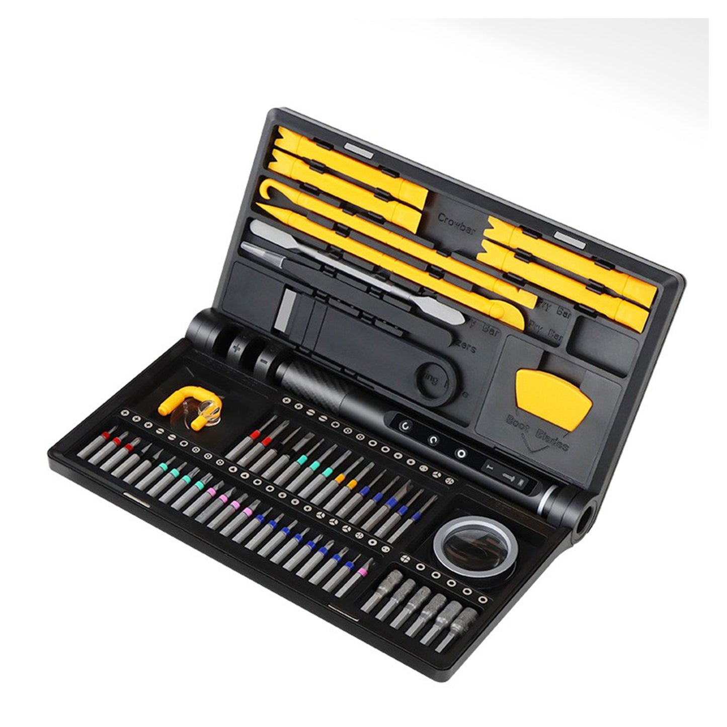 Surubelnita Profesionala Electrica, Klevo, Multifunctionala, Reancarcabila USB, Luminare LED, Kit 71 in 1, Set Complet cu Biti Torx, Phillips, Hex, Pentalobe, 21.4 x 12.4 cm, Negru