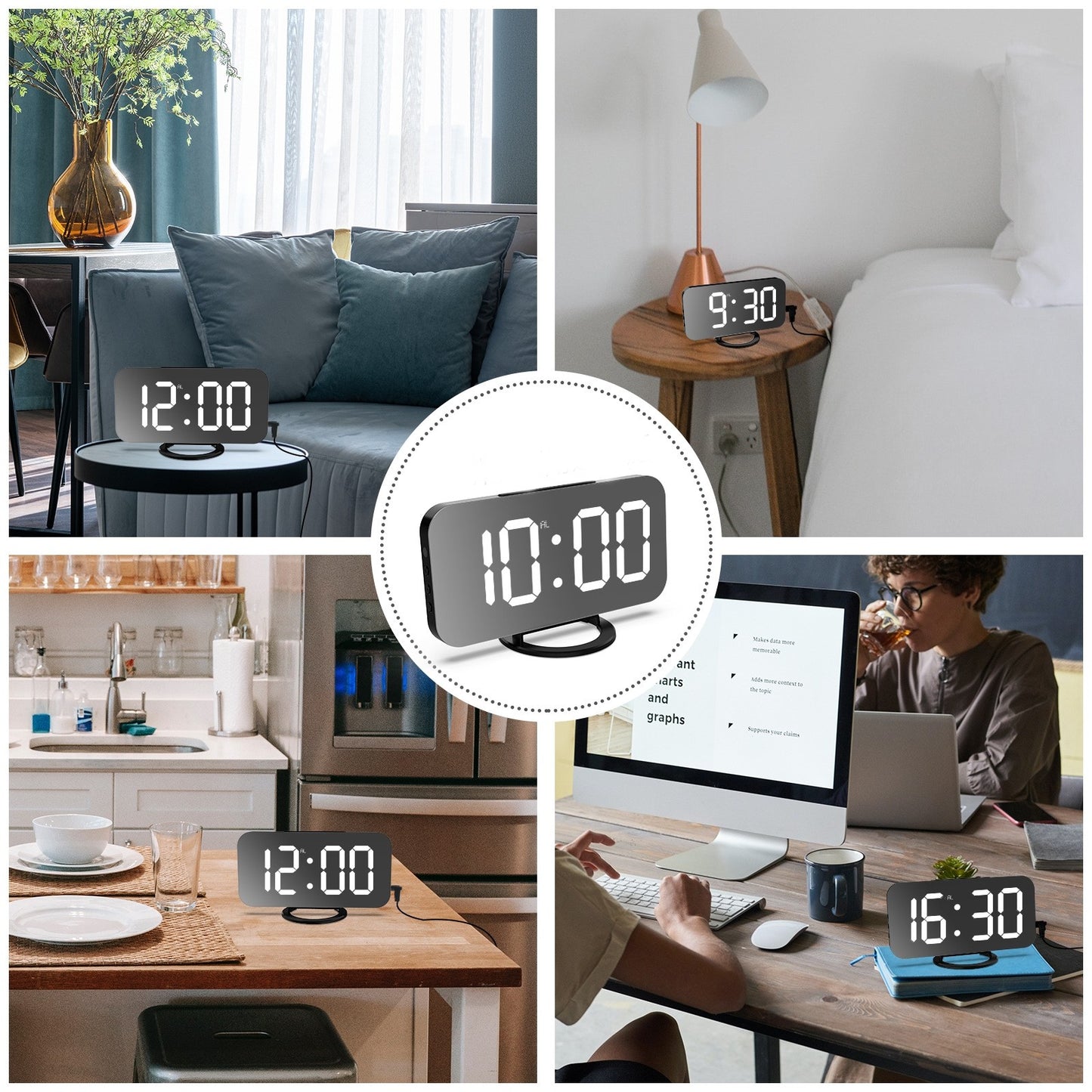 Ceas digital cu LED, Klevo, multifunctional, afisaj digital, alarma, 2 porturi USB de iesire, ecran tip oglinda, modern, 15.8 cm, alb
