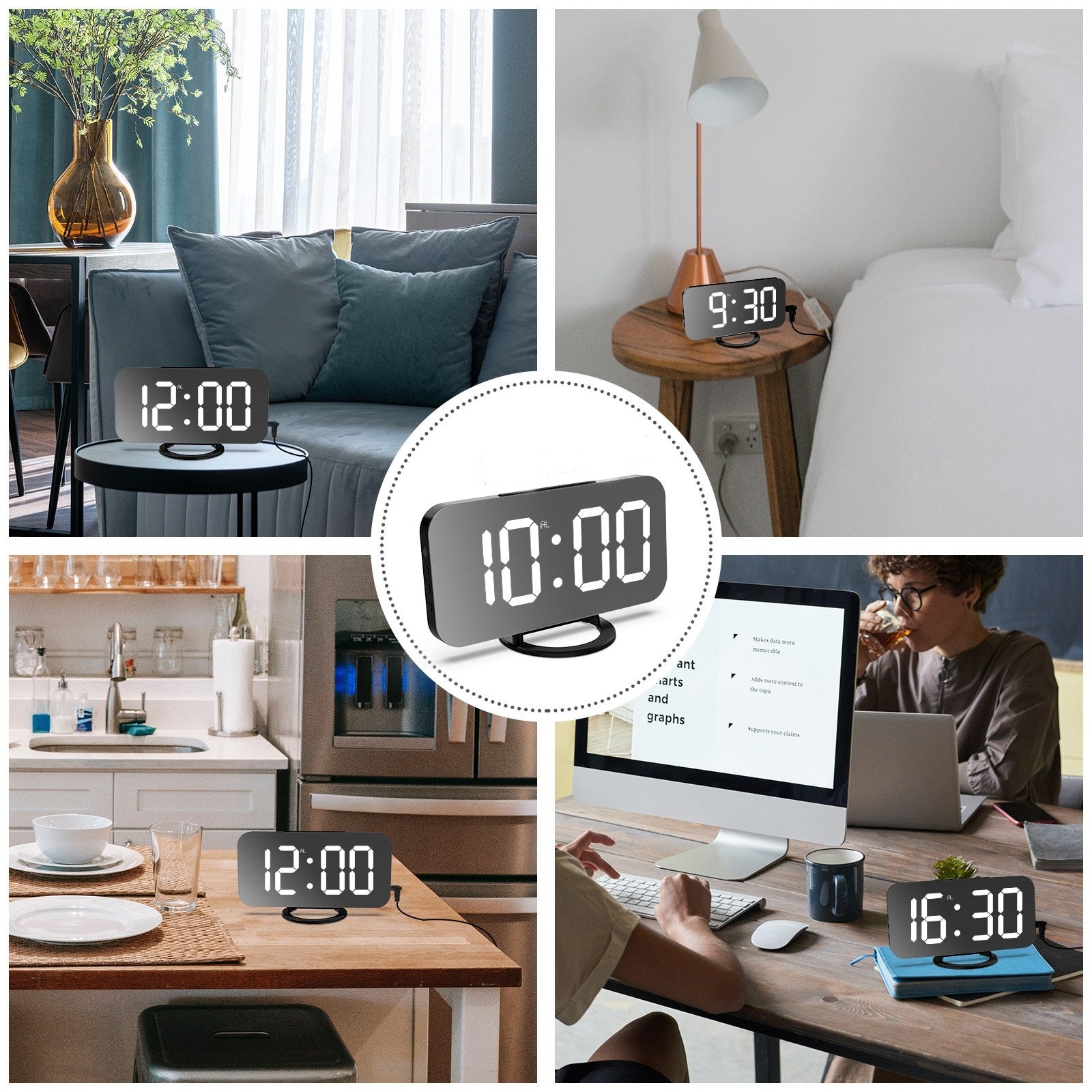 Ceas digital cu LED, Klevo, multifunctional, afisaj digital, alarma, 2 porturi USB de iesire, ecran tip oglinda, modern, 15.8 cm, alb