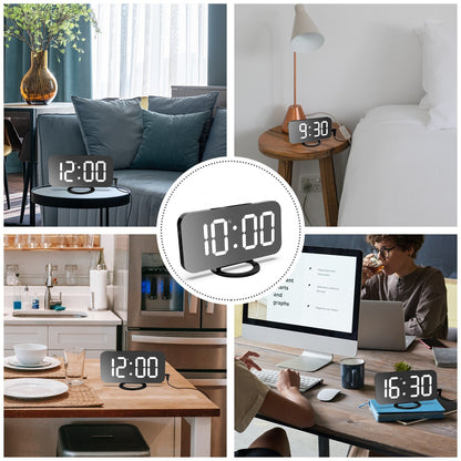 Ceas digital cu LED, Klevo, multifunctional, afisaj digital, alarma, 2 porturi USB de iesire, ecran tip oglinda, modern, 15.8 cm, alb