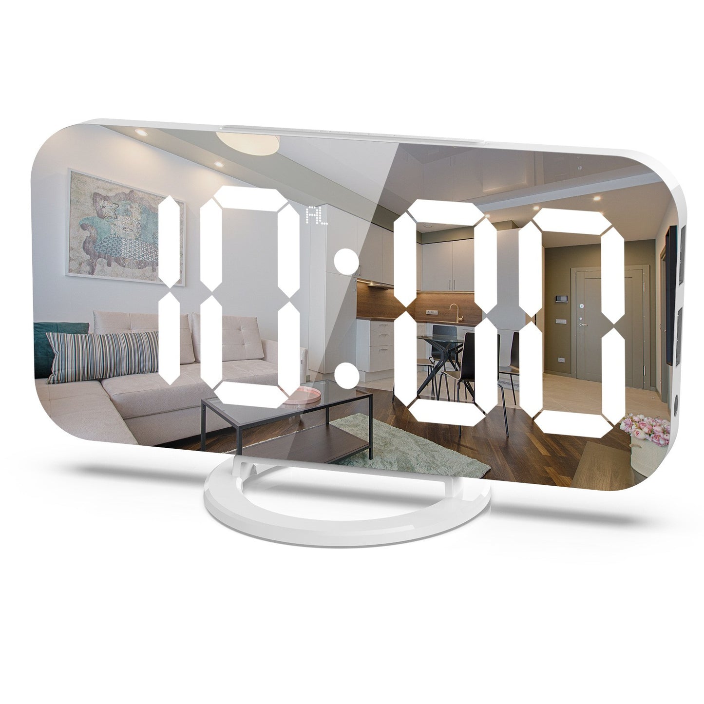 Ceas digital cu LED, Klevo, multifunctional, afisaj digital, alarma, 2 porturi USB de iesire, ecran tip oglinda, modern, 15.8 cm, alb