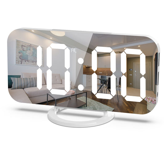 Ceas digital cu LED, Klevo, multifunctional, afisaj digital, alarma, 2 porturi USB de iesire, ecran tip oglinda, modern, 15.8 cm, alb