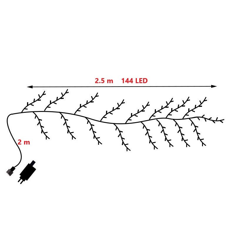 Instalatie Craciun tip Creanga Klevo, 144 LED-uri, Conectare la Retea, 8 Jocuri de Lumini, Telecomanda, 2.5 m, Prelungitor 2 m, 3V, 1.5V, Fir Negru, Alb Cald