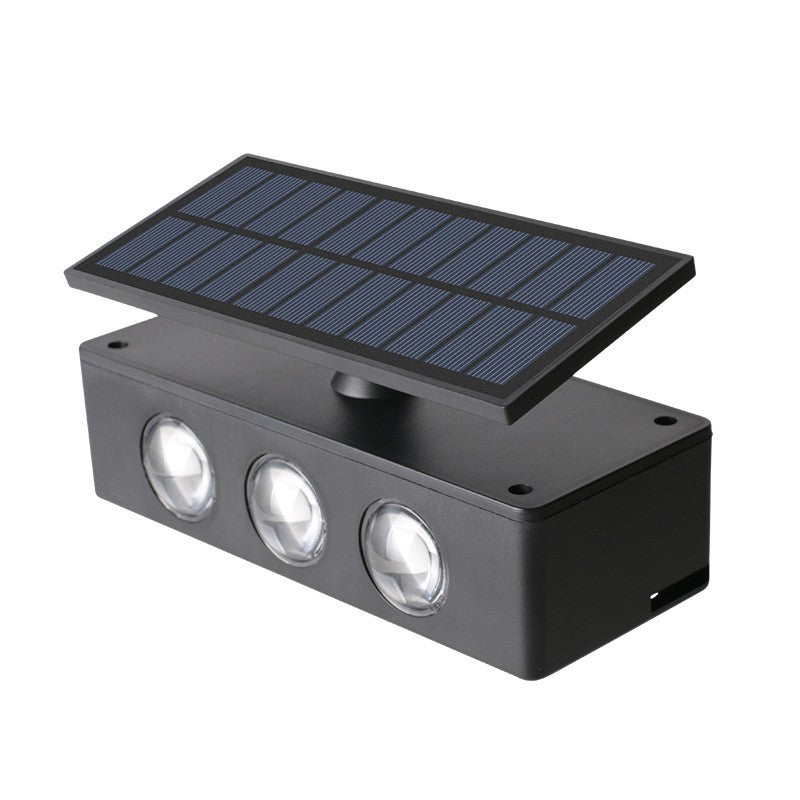 Lampa solara LED bidirectionala Klevo, cu panou ajustabil, comutator culoare lumina, pentru perete, scari, gradina, terasa, 16 x 6.5 cm, 6 LED-uri, material ABS, baterie 3.7 V, 1200mah, multicolor