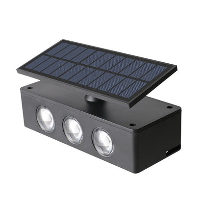 Lampa solara LED bidirectionala Klevo, cu panou ajustabil, comutator culoare lumina, pentru perete, scari, gradina, terasa, 16 x 6.5 cm, 6 LED-uri, material ABS, baterie 3.7 V, 1200mah, multicolor