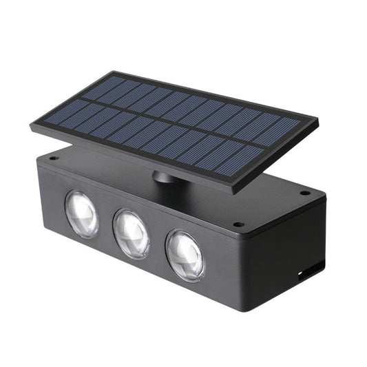 Lampa solara LED bidirectionala Klevo, cu panou ajustabil, comutator culoare lumina, pentru perete, scari, gradina, terasa, 16 x 6.5 cm, 6 LED-uri, material ABS, baterie 3.7 V, 1200mah, multicolor