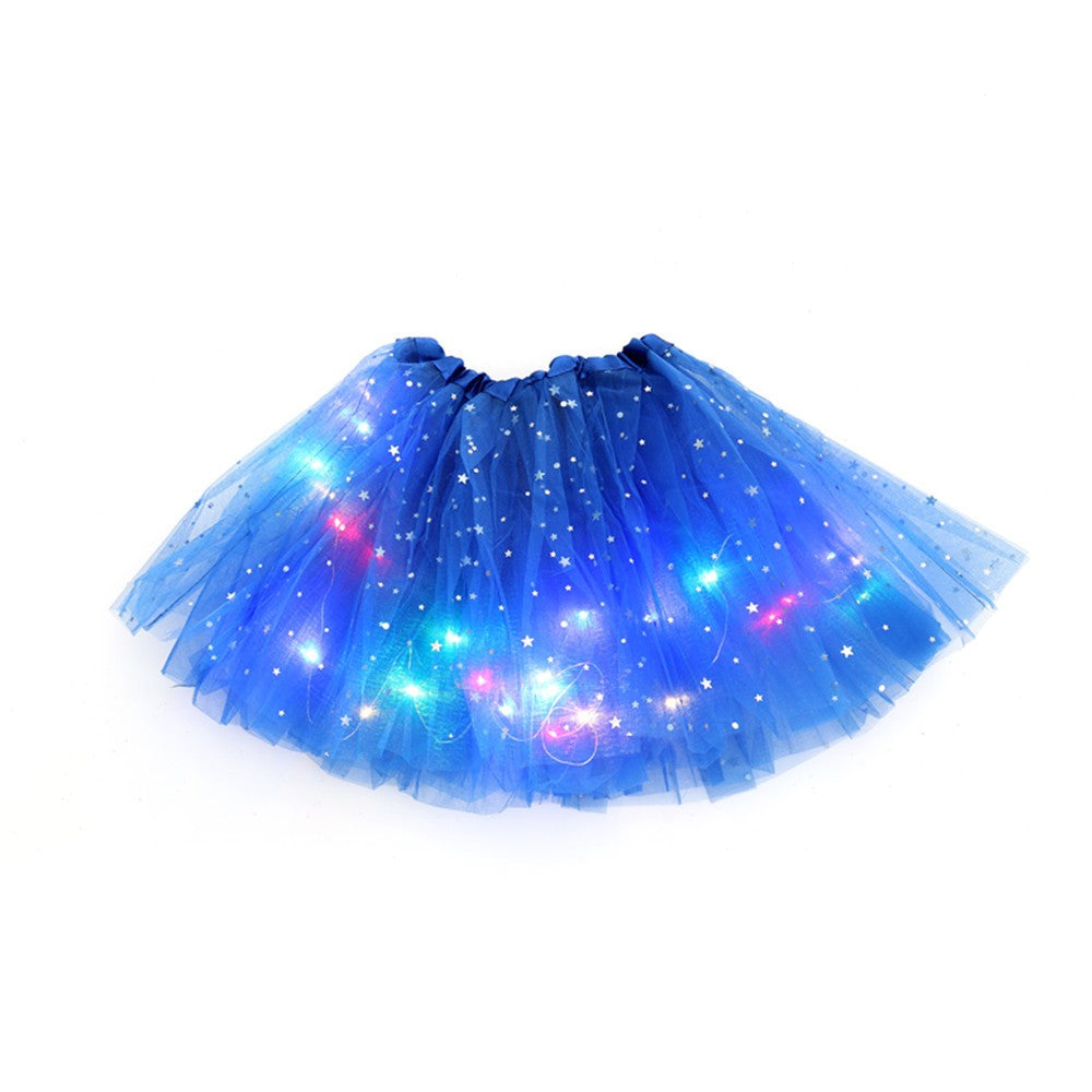 Fusta LED pentru Copii, Klevo, Tutu de Balet pentru Fetite cu Luminite Multicolore Incorporate, Model Stelute, 30 cm Lungime, Albastru