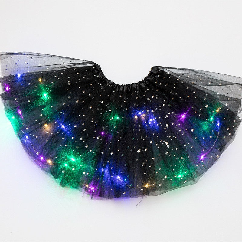 Fusta LED pentru Copii, Klevo, Tutu de Balet pentru Fetite cu Luminite Multicolore Incorporate, Model Stelute, 30 cm Lungime, Negru