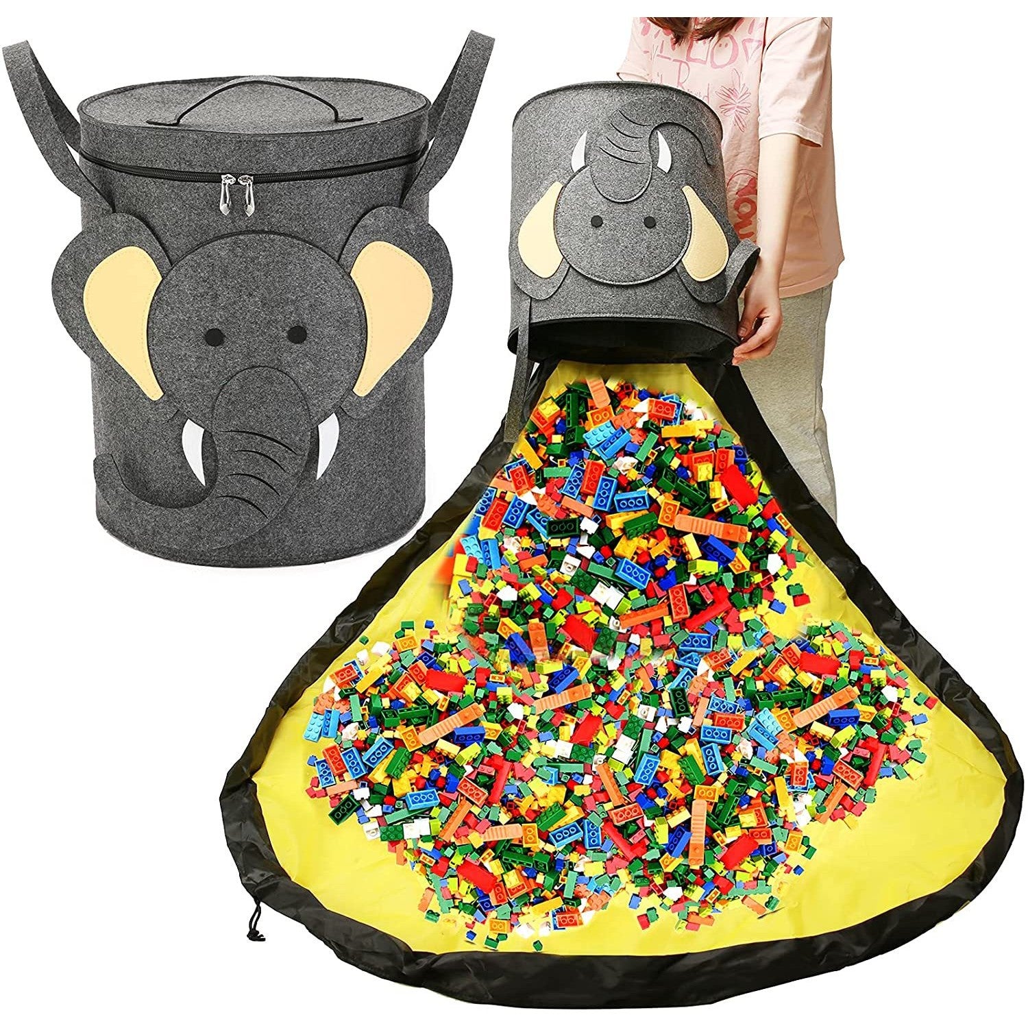 Cutie de Depozitare 2In1, Klevo, Impermeabila, Covor pentru Jucarii si Lego 150cm, Capacitate Mare, cu Manere, cu Sfori, Inaltime 40cm, Model Elefan, Gri