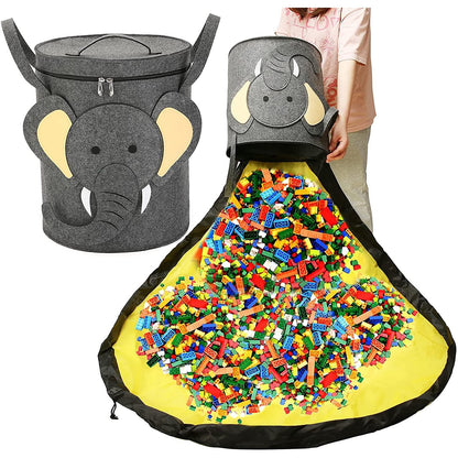 Cutie de Depozitare 2In1, Klevo, Impermeabila, Covor pentru Jucarii si Lego 150cm, Capacitate Mare, cu Manere, cu Sfori, Inaltime 40cm, Model Elefan, Gri