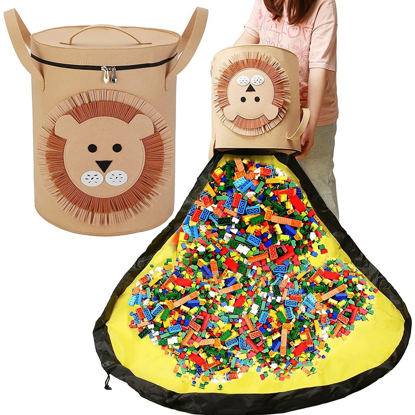 Cutie de Depozitare 2In1, Klevo, Impermeabila, Covor pentru Jucarii si Lego 150cm, Capacitate Mare, cu Manere, cu Sfori, Inaltime 40cm, Model Leu, Maro