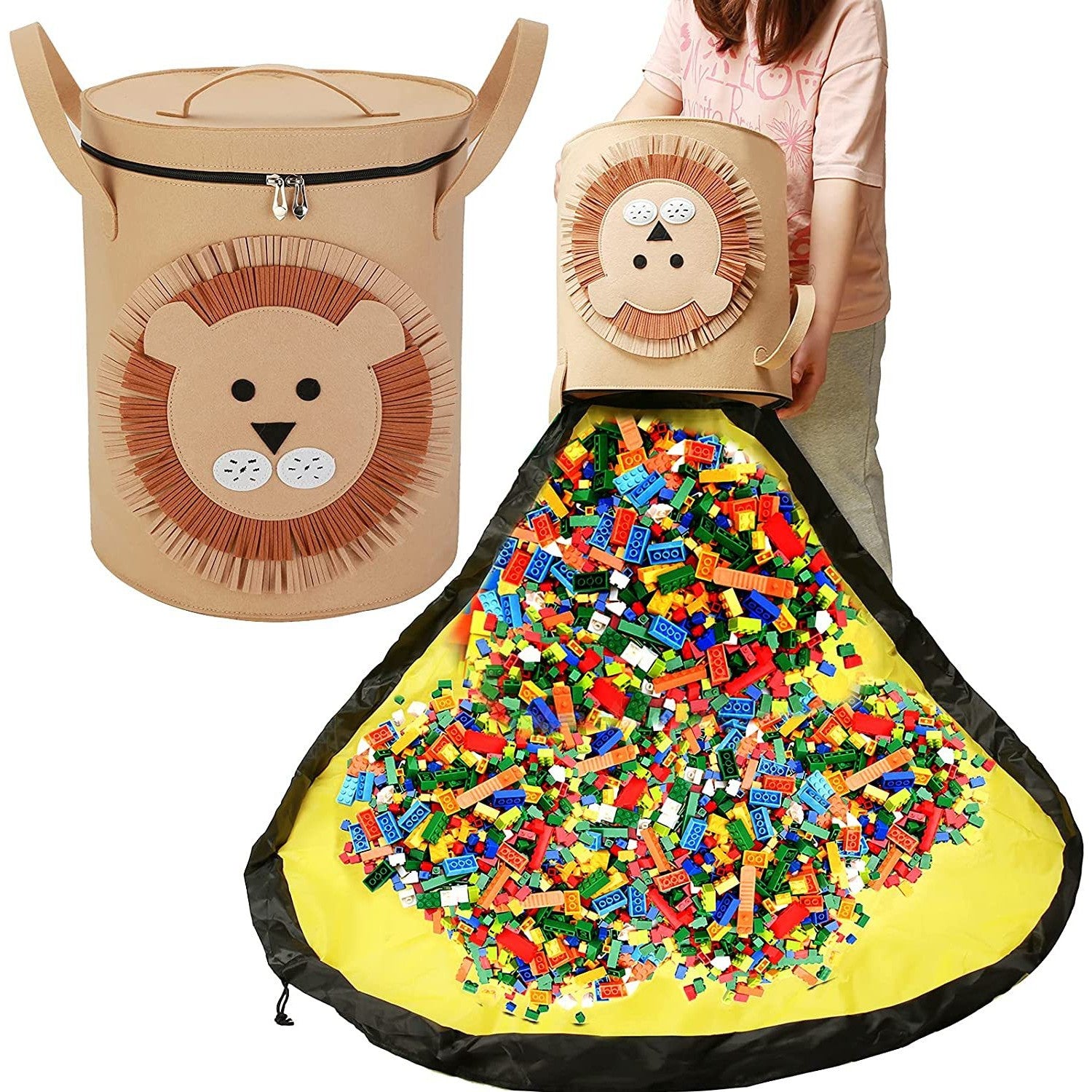Cutie de Depozitare 2In1, Klevo, Impermeabila, Covor pentru Jucarii si Lego 150cm, Capacitate Mare, cu Manere, cu Sfori, Inaltime 40cm, Model Leu, Maro