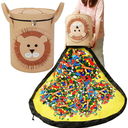 Cutie de Depozitare 2In1, Klevo, Impermeabila, Covor pentru Jucarii si Lego 150cm, Capacitate Mare, cu Manere, cu Sfori, Inaltime 40cm, Model Leu, Maro