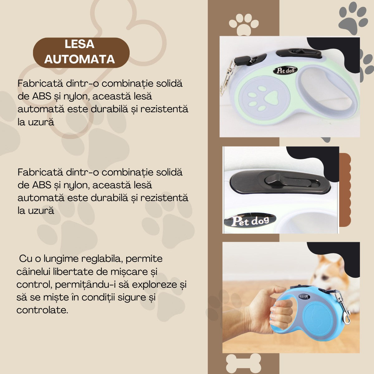 Lesa Automata Retractabila, Klevo, pentru Caini, 5 m, 20 kg, ABS, Verde/Bleu, 8x12x4 cm