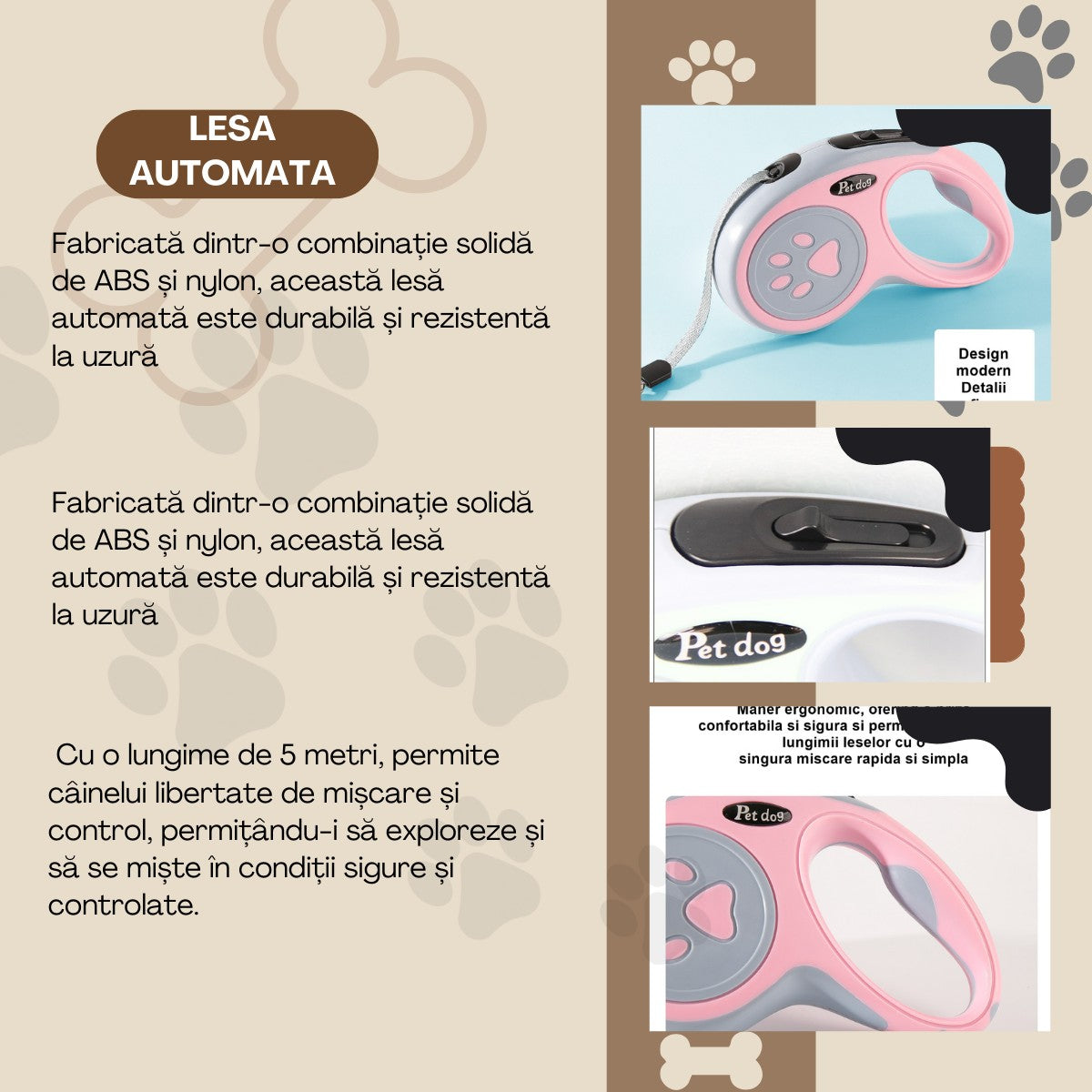Lesa Automata Retractabila, Klevo, pentru Caini, 5m, 20 kg, ABS, Roz/Gri, 8x12x4 cm