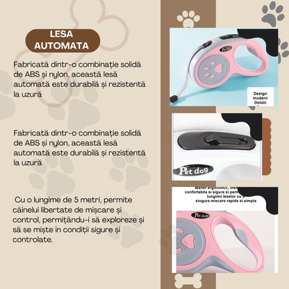 Lesa Automata Retractabila, Klevo, pentru Caini, 5m, 20 kg, ABS, Roz/Gri, 8x12x4 cm