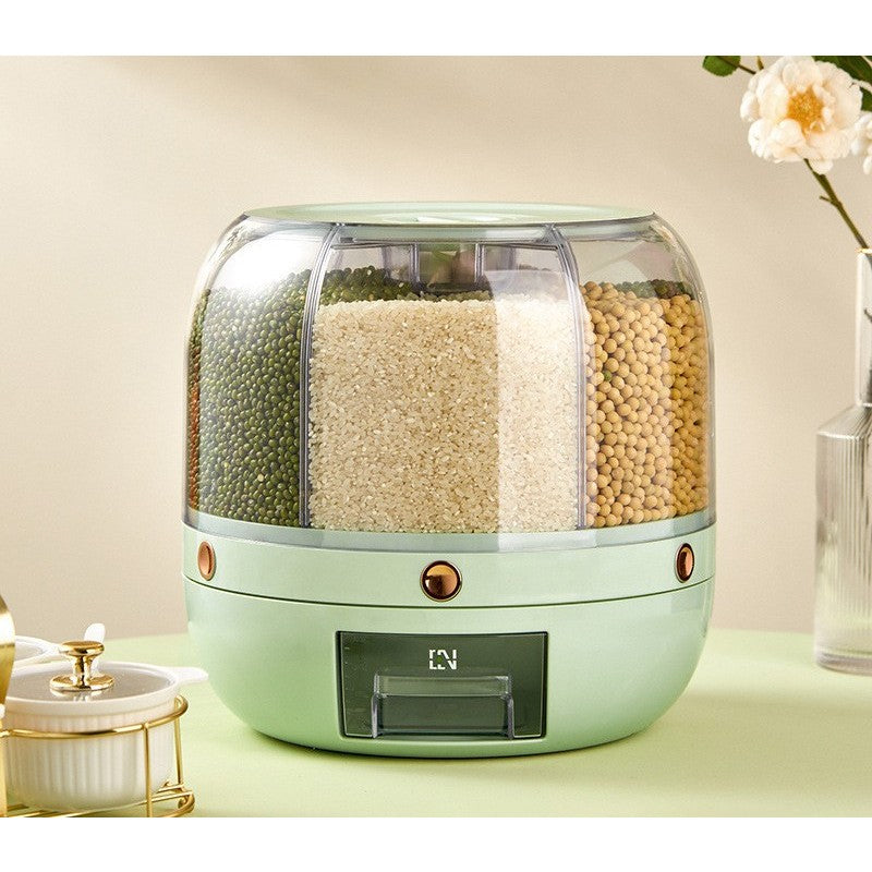 Dozator de cereale Klevo, rotativ 360, 6 compartimente, capacitate 6 L, rezistent la umezeala, inchidere etansa, verde deschis